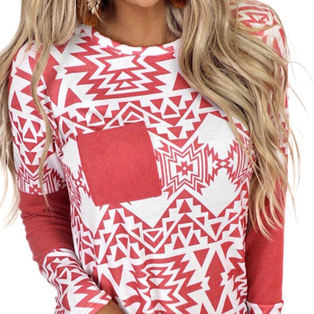 1 Left! Deep Coral Aztec Print Long Sleeve Top w/Pocket * - Picture 2 of 4